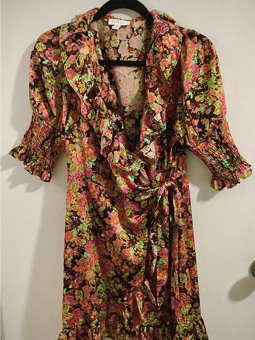 Topshop Floral Mini Dress - Pink, Green & Brown